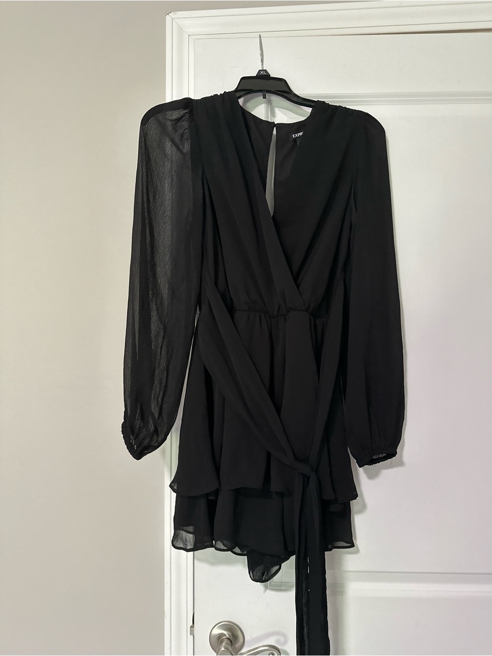 Express Black Long-Sleeve Wrap Romper with Tie Waist